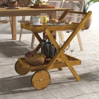 Outsunny Carrito de jardín para barbacoa de madera con 2 estantes, 3 compartimentos para botellas y 2 ruedas Madera Natural(m-2)