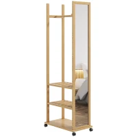 HOMCOM Espejo de Pie con Ruedas y Multi-Almacenamiento 1 Barra Perchero 3 Estantes Inferiores para Habitación de Entrada en Madera(m-6)