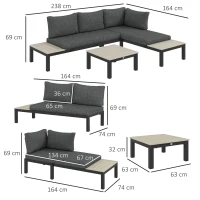 Outsunny 3 Pieces Garden Furniture Set, Aluminium 4 Seater Corner Sofa Set with 2 Loveseats, Coffee Table and Side Trays, Outdoor Conversation Furniture with Cushions for Garden, Dark Grey(m-3)