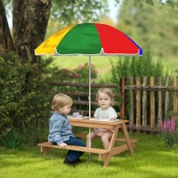 AIYAPLAY Kids Picnic Table, Sand and Water Table with Wooden Benches, Adjustable Parasol and Storage Bins, Multicolour(m-2)
