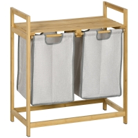 HOMCOM Cesto de Roupa de Bambu Cesto de Roupa Suja com 2 Bolsas Amovíveis e 2 Prateleiras para Casa de Banho 64x33x73 cm Madeira