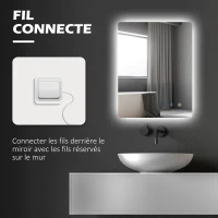 kleankin Espejo rectangular mural iluminado LED de baño 70x50 cm 3 colores luminosidad ajustable Blanco transparente(m-5)