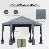 Outsunny 3.2m Pop Up Gazebo Hexagonal Canopy Tent for Outdoor Sun Protection, Includes Mesh Sidewalls and Handy Bag, Grey(m-5)