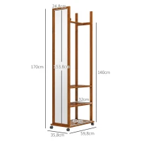 HOMCOM Espejo 2 en 1 Espejo Espejo de Cuerpo Entero Perchero 1 Barra para Ropa 3 Estantes 35,8x59,8x170 cm Natural(m-3)