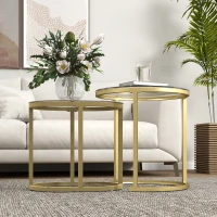 HOMCOM Conjunto de 2 mesas bajas mesas auxiliares nido encastrables estructura en acero y cristal templado transparente dorado(m-4)
