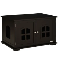 PawHut Casa para Gatos de Madeira Móvel para Caixa de Areia para Gatos 2 em 1 com Armário de Armazenamento Ampla Bancada 2 Portas com Janelas e Orifício de Entrada Lateral 80,3x52,6x48,8 cm Café(m-1)