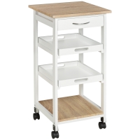 HOMCOM Carrello da Cucina con Ruote, 2 Ripiani Rimovibili, Cassetto, Scaffale, in Legno di Pino, Bianco