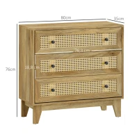 HOMCOM Cómoda 3 cajones Mueble de Almacenamiento con rejilla de ratán aspecto de madera clara 80x35x76 cm(m-3)