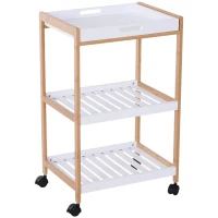HOMCOM Carrito de servicio con ruedas para cocina 2 estantes + bandeja desmontable de madera de pino MDF Blanco(m-7)