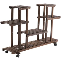 Outsunny Blumentreppe 6 Regale 4 Rollen 123,5 cm × 33 cm × 80 cm Massivholz Braun 123,5 cm × 33 cm × 80 cm(m-12)