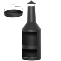 Outsunny Lareira Jardim de Metal Lareira de Terraço com Prateleiras de Armazenamento de Lenha Chaminé para Fumaça e Atiçador para Exterior Ø44,5x133cm Preto(m-1)