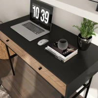 HOMCOM Escritorio compacto consola con 2 cajones frentes de espiga estructura metal Negro 106x50x77 cm(m-4)