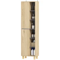 HOMCOM Mueble columna baño armario baño con 6 compartimentos abiertos y 2 armarios Madera Natural(m-7)