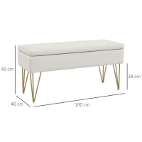 HOMCOM Banco banqueta baúl de almacenamiento 2 en 1 en tela con patas horquilla de acero dorado 100x40x49 cm Crema(m-3)