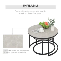 HOMCOM Set 2 Tavolini da Caffè Sovrapponibili Rotondi in Metallo e MDF Effetto Marmo, Grigio e Nero(m-4)
