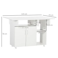 HOMCOM Mesa de comedor plegable mesa plegable con ruedas con compartimentos armario estante 115x73x76 cm Blanco(m-3)