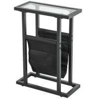 HOMCOM Mesa auxiliar estrecha bout de canapé en metal con portarevistas y tablero de vidrio templado 40x18x55,5 cm Negro(m-7)
