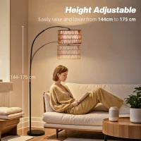 HOMCOM Rattan Floor Lamp for Living Room, Farmhouse Arc Standing Lamp with Dual-Layer Shade & Foot Switch, Height Adjustable Minimalist Tall Pole Lampshade for Bedroom, Office, Black(m-5)