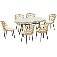 Outsunny Conjunto de Refeição de Vime Sintético de 7 Peças Inclui 6 Cadeiras com Almofadas e Mesa de Vidro Temperado Natural(m-1)