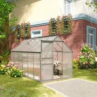 Outsunny Estufa de Jardim de Policarbonato e Alumínio Estufa de Exterior com Porta Corredeira e 2 Clarobóias para Cultivo de Plantas Sementes 190x375x199cm Transparente(m-2)