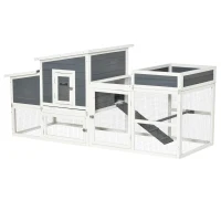 PawHut Galinheiro de Madeira Exterior Gaiola para 2 Galinhas com Cerca de Arame Tetos Asfálticos Abatíveis Ninho Bandeja Removível Rampa e Mesa de Cultivo 191,5x80x90cm Cinza(m-11)