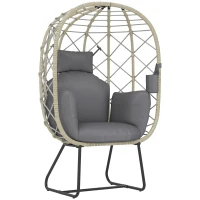 Outsunny Rattan Egg Chair Outdoor Indoor Wicker Chair with Thickened Cushion and Headrest, Standing Garden Egg Chair with Cup Holder, Metal Frame for Patio, Balcony, Grey(m-10)