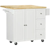 HOMCOM Isola da Cucina con Piano di Lavoro Ribaltabile, 3 Cassetti, 1 Armadio, Porta Strofinacci e Porta Spezie, 111,5 x 75 x 89 cm, Bianco(m-5)