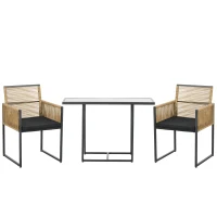 Outsunny Conjunto de 3 Peças de Jardim com 2 Cadeiras de Vime com Encosto Dobrável e Almofadas e Mesa de Vidro Natural e Preto(m-1)