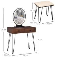 HOMCOM Tocador Mesa de maquillaje moderna Espejo LED ajustable integrado Taburete incluido pie de metal Negro 2 cajones + 1 Organizador(m-3)