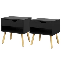HOMCOM Conjunto de 2 mesitas de noche mesas de noche con cajones patas de madera maciza moderno 50x39x51 cm Negro y Roble natural(m-7)