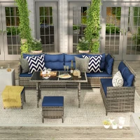 Outsunny 7-Seater Patio wicker Sofa Set Rattan Chair Furniture w/ Glass & Cushioned, Dark Blue(m-2)