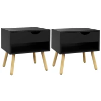 HOMCOM Conjunto de 2 mesitas de noche mesas de noche con cajones patas de madera maciza moderno 50x39x51 cm Negro y Roble natural(m-6)