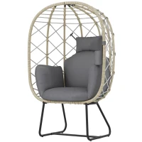 Outsunny Rattan Egg Chair Outdoor Indoor Wicker Chair with Thickened Cushion and Headrest, Standing Garden Egg Chair with Cup Holder, Metal Frame for Patio, Balcony, Grey(m-11)