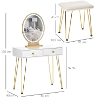 HOMCOM Tocador Mesa de maquillaje moderna Espejo LED ajustable incorporado Incluye taburete pies de metal 2 cajones + 1 Organizador(m-3)