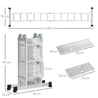 DURHAND Escada Telescópica 5 em 1 Dobrável Escada Multifuncional com Plataformas Removíveis 12 Degraus 339x76x10cm Prata(m-3)