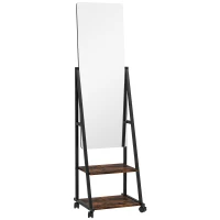HOMCOM Espejo de Pie Rectangular Espejo de Suelo Rodante con Ángulo Ajustable 2 Estantes 4 Ruedas Negro y Marrón Rústico(m-1)