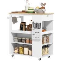 HOMCOM Carrito de Cocina con Ruedas Isla de Cocina Tablero de Madera de Caucho 4 estantes ajustables portacuchillos Blanco(m-6)