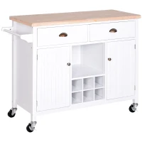 HOMCOM Carrito Auxiliar de Cocina con Ruedas Isla de Cocina Multiusos con Cajones Botellero Armarios Cerrados y Estante Cajón Blanco 113x45x89cm(m-1)