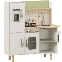AIYAPLAY Cozinha de Madeira para Crianças com Máquina de Gelo Lavatório de Aço Inoxidável e Utensílios 84x34x89 cm Branco(m-1)