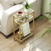 HOMCOM 3-Tier Side Table, Narrow End Table with Storage Shelf and Tempered Glass Tabletop for Small Spaces, Bedroom, Living Room, Entryway, Gold Tone(m-7)