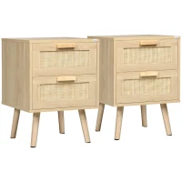 HOMCOM Conjunto de 2 mesitas de noche mesas auxiliares 2 cajones fachadas de mimbre estilo bohemio 40x40x56 cm natural(m-1)