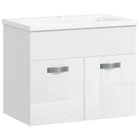 kleankin Mueble Baño Suspendido con Lavabo Armario de 2 Puertas con Bisagras Amortiguadas 61x40x50 cm Blanco Brillante(m-1)