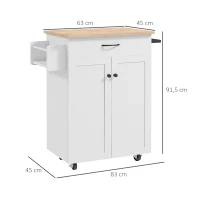 HOMCOM Carrito de cocina con ruedas plataforma de madera de hevea con cajón armario 2 puertas 83x45x91,5 cm Blanco(m-3)