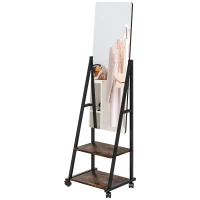 HOMCOM Espejo de Pie Rectangular Espejo de Suelo Rodante con Ángulo Ajustable 2 Estantes 4 Ruedas Negro y Marrón Rústico(m-7)