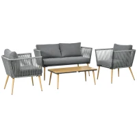 Outsunny Conjunto de Móveis de Jardim de Vime 4 Peças com Sofá de 2 Lugares 2 Poltronas e Mesa de Centro Cinza(m-1)