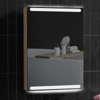 HOMCOM Armario mural baño con espejo iluminación LED y estantes de vidrio ajustables 50x12,5x70 cm Madera Natural(m-6)