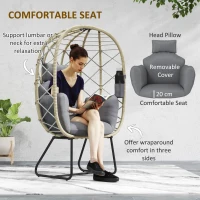 Outsunny Rattan Egg Chair Outdoor Indoor Wicker Chair with Thickened Cushion and Headrest, Standing Garden Egg Chair with Cup Holder, Metal Frame for Patio, Balcony, Grey(m-4)