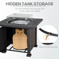 Outsunny Square Propane Gas Fire Pit Table, 50000 BTU Rattan Smokeless Firepit Patio Heater with Glass Screen, Glass Beads and Lid, 81cm x 81cm x 64cm, Black(m-5)