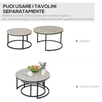 HOMCOM Set 2 Tavolini da Caffè Sovrapponibili Rotondi in Metallo e MDF Effetto Marmo, Grigio e Nero(m-5)