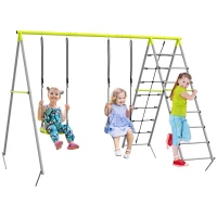 Outsunny Altalena da Giardino per Bambini 4 in 1 con 2 Seggiolini, Altalena, Scala e Rete per l'Arrampicata, Verde(m-1)